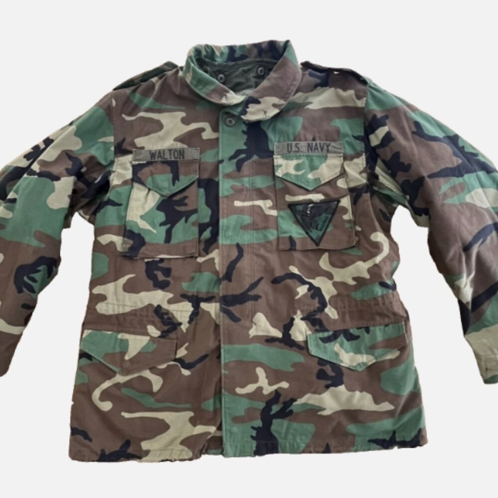 Vtg US Navy Military Field Coat Mens XL Long Woodland Camo + Liner Cold Weather